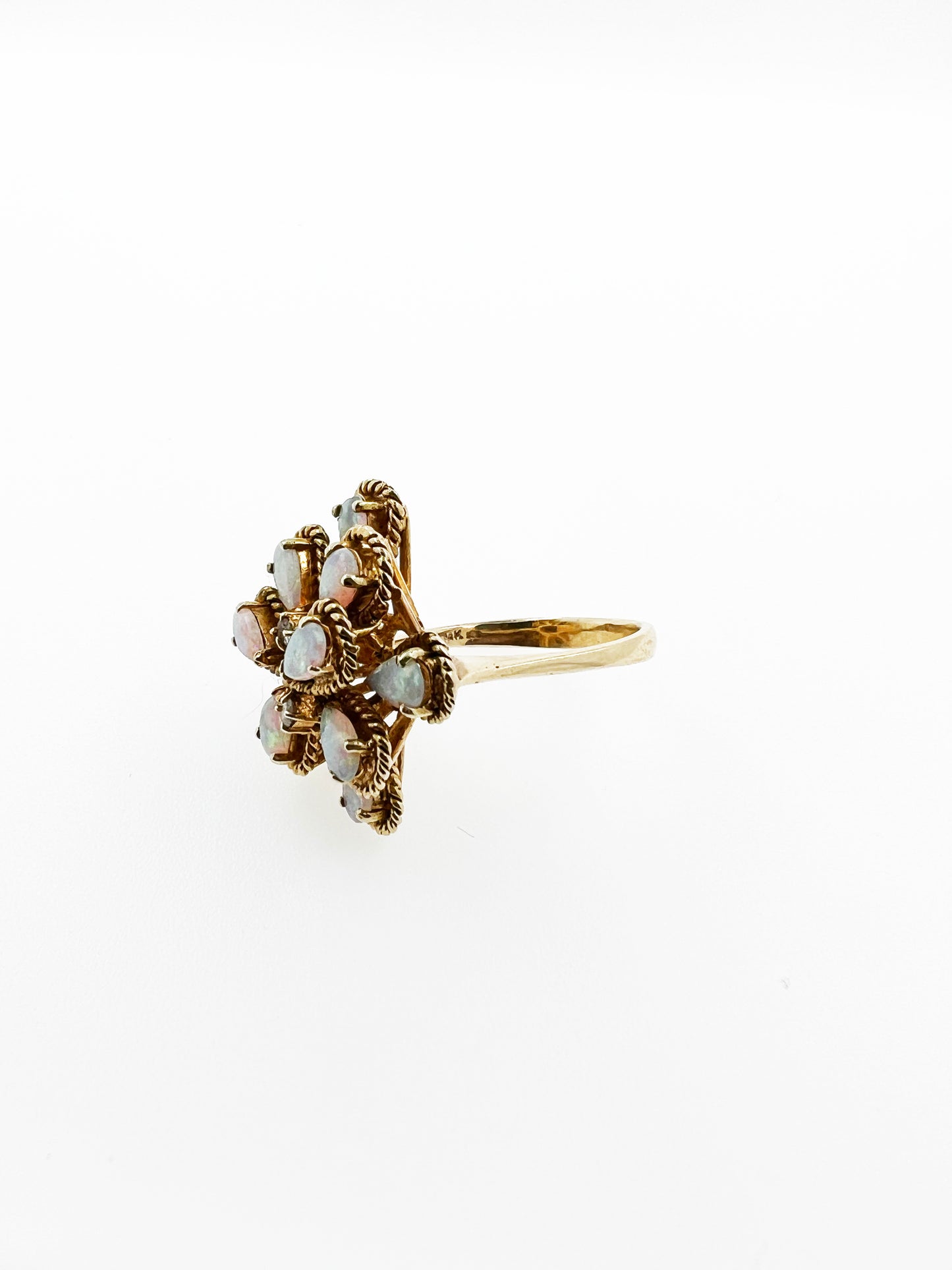 1.6 Carat Australian Opal & Diamond Pear Shaped Flower Cluster Ring 14k Yellow Gold