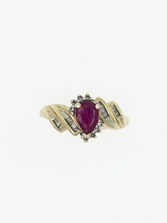 Pear Shaped Ruby and Diamond Ring in 10k Yellow Gold