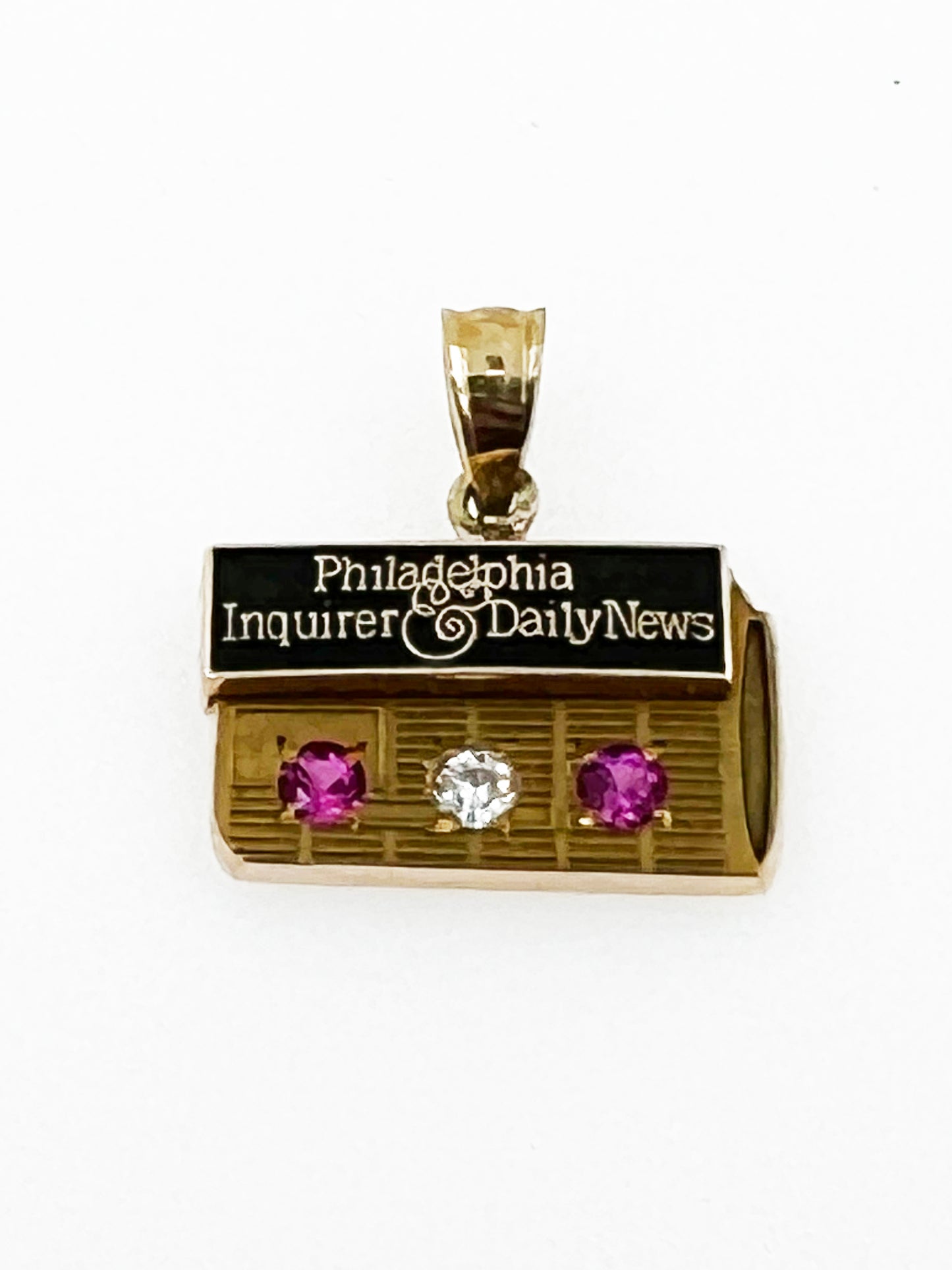Vintage Upcycled Diamond & Ruby Philadelphia Inquirer Pendant in 10k Yellow Gold