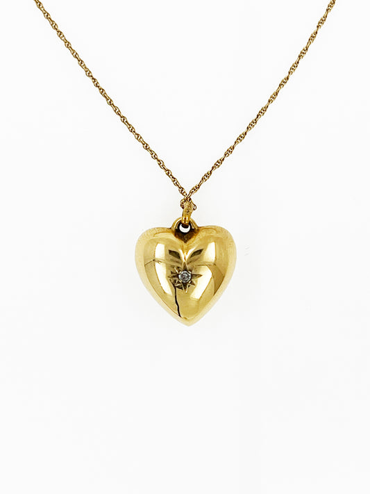Vintage Puffy Heart Natural Diamond Pendant in 14k Yellow Gold