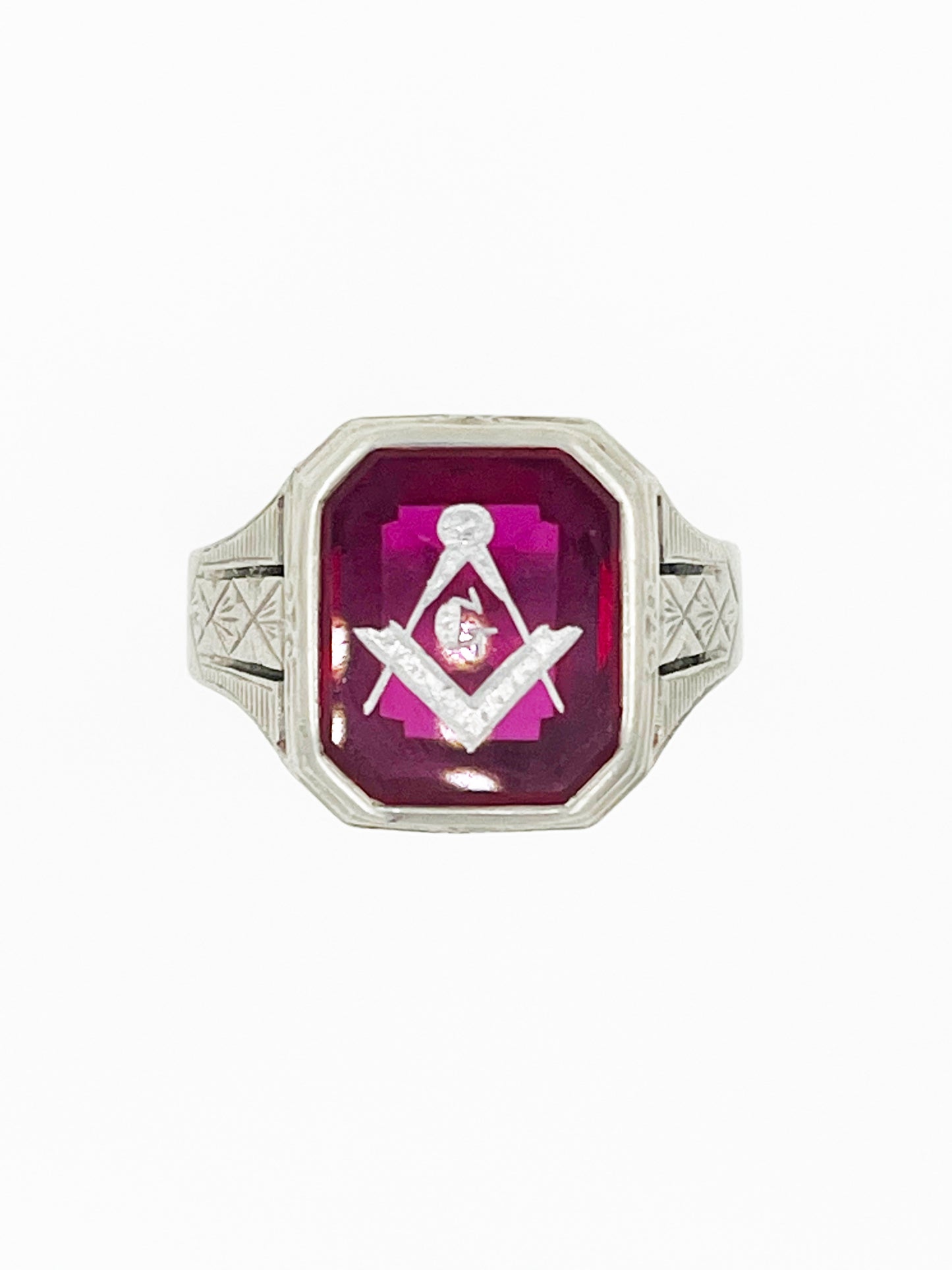 Vintage Carved Ruby Masonic Ring in 10k White Gold