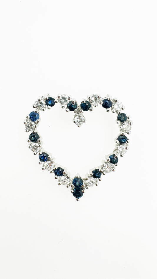 Natural Sapphire & Diamond Heart Pendant in 14k white Gold