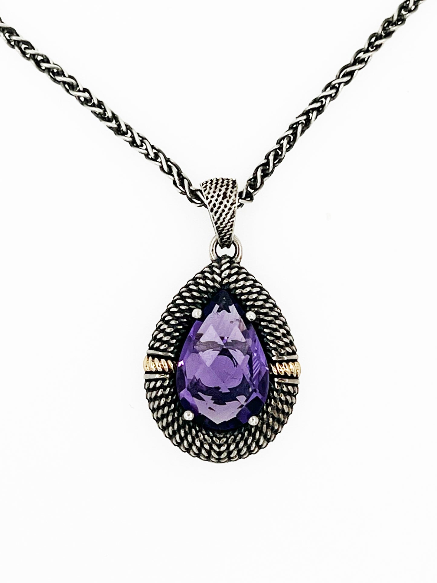 Fancy Pear Amethyst Pendant & Wheat Link Chain in .925 Silver and 14k Yellow Gold
