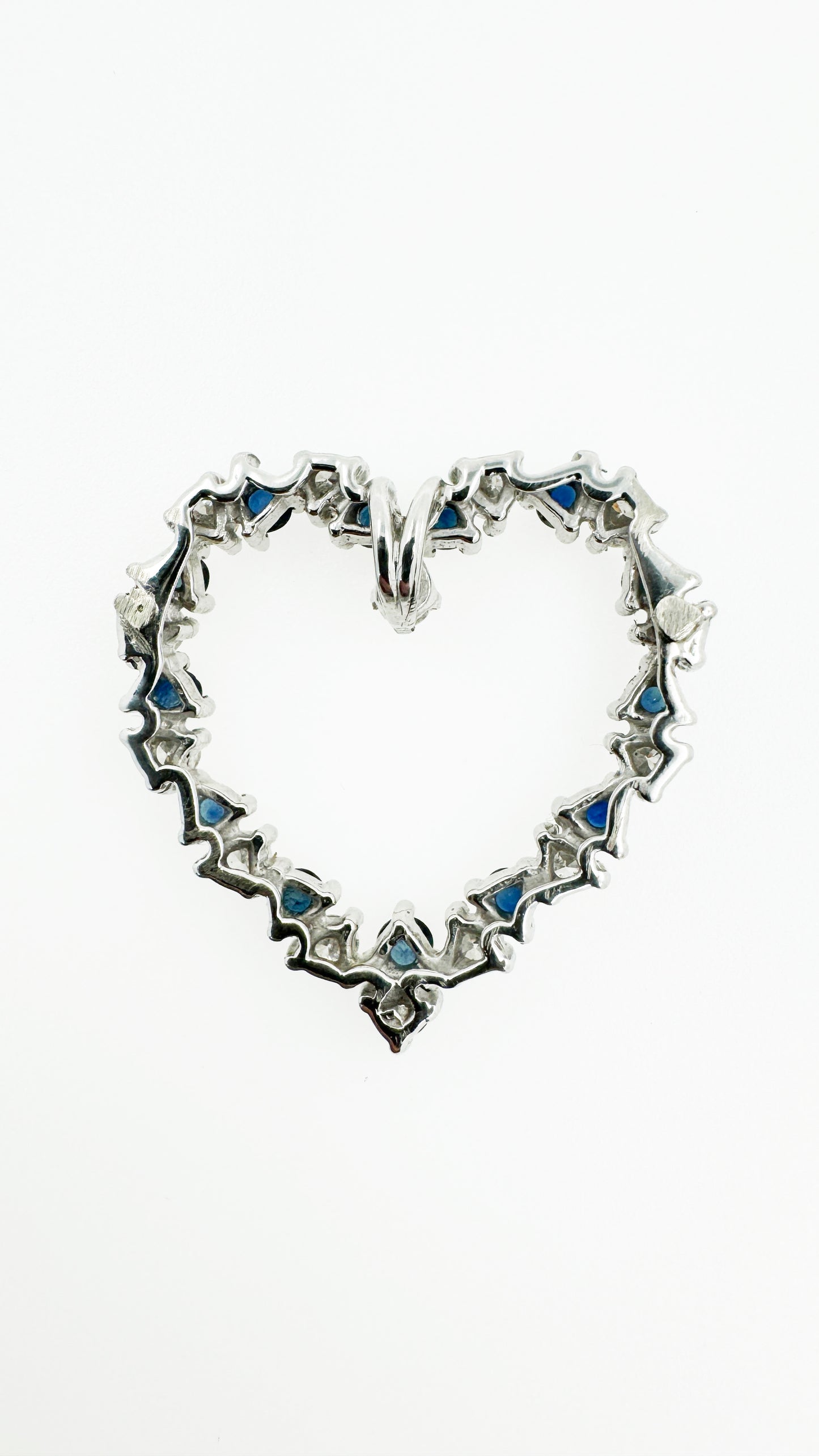 Natural Sapphire & Diamond Heart Pendant in 14k white Gold