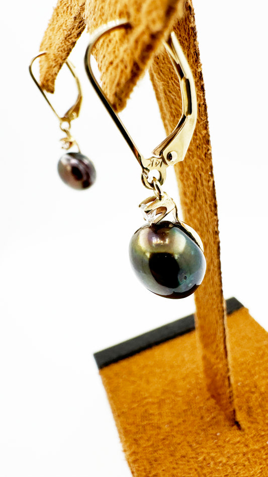 Tahitian Pearl & Diamond Earrings in 14k Yellow Gold