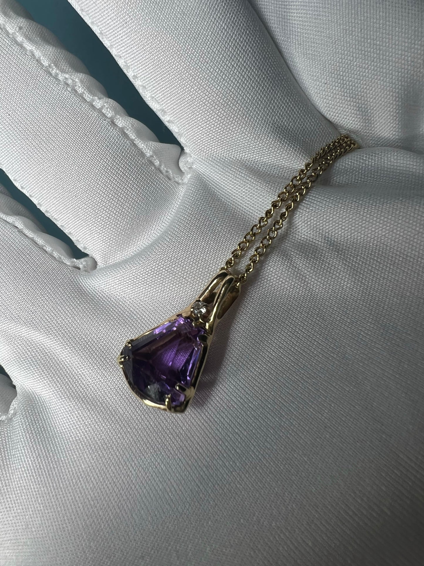 Amethyst And Diamond Pendant With Chain in 14k Gold