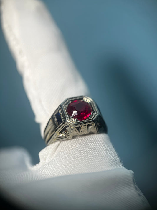 GIA Certified Art Deco Era Ruby & Sapphire Statement Ring in 18k White Gold