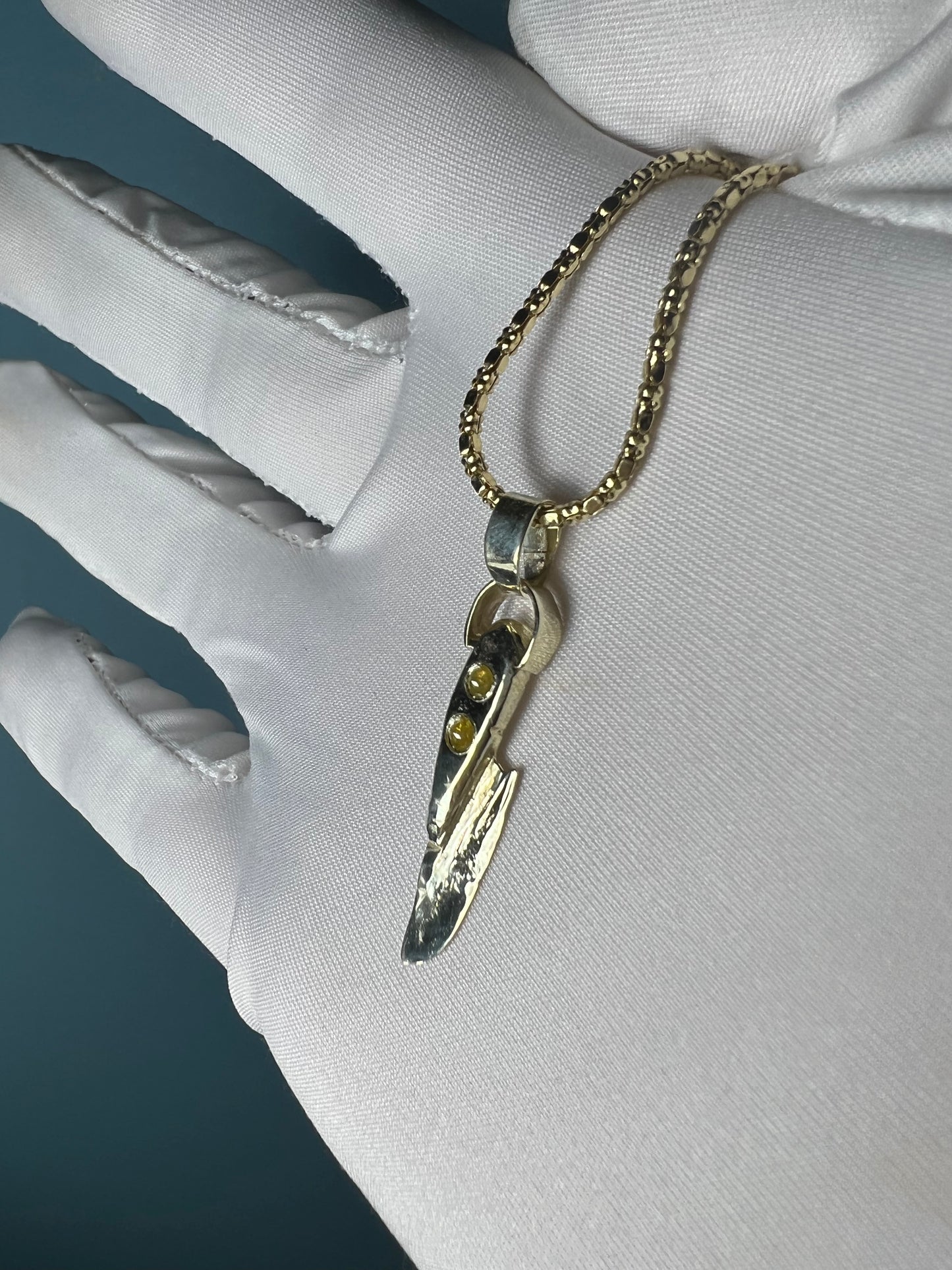 Yellow Diamond Hand-Carved Knife Pendant in 14k Gold By Maxwell The Jeweler
