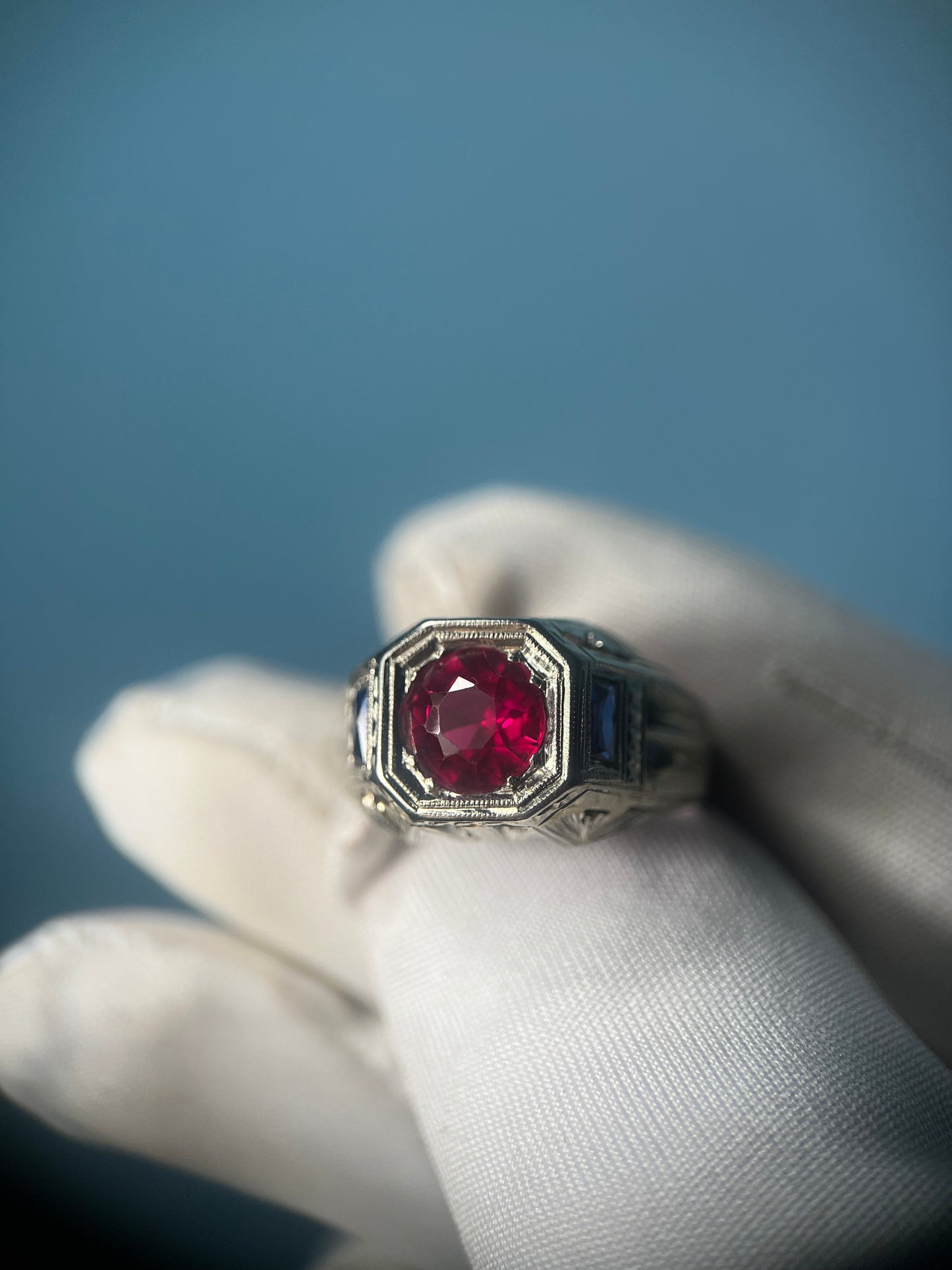 GIA Certified Art Deco Era Ruby & Sapphire Statement Ring in 18k White Gold