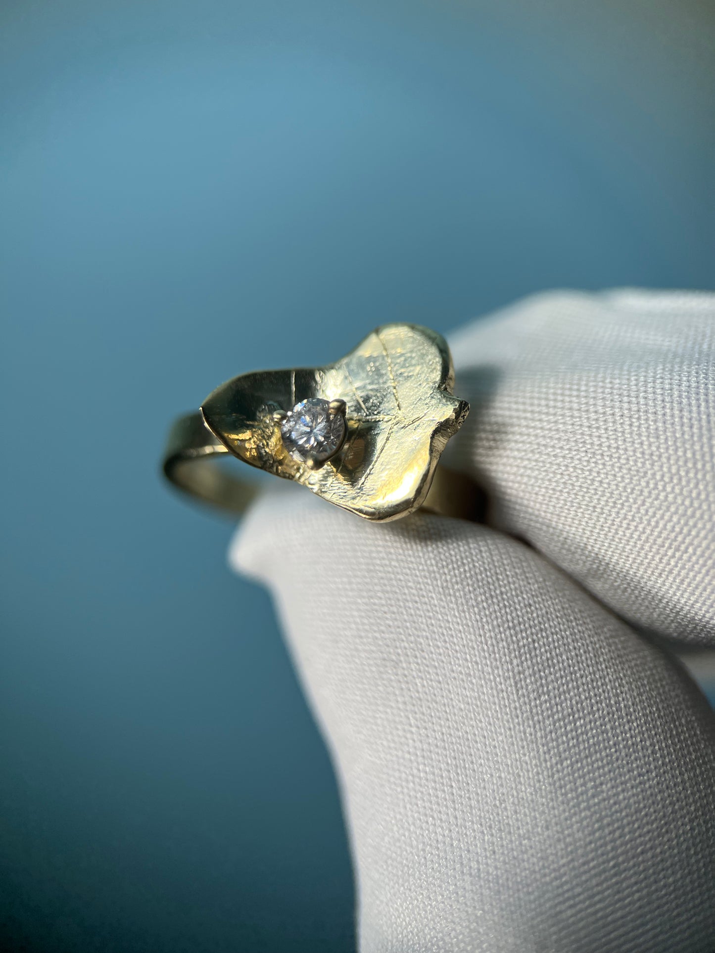 Diamond Droplet on Leaf Ring in 14k Yellow Gold By Maxwell The Jeweler