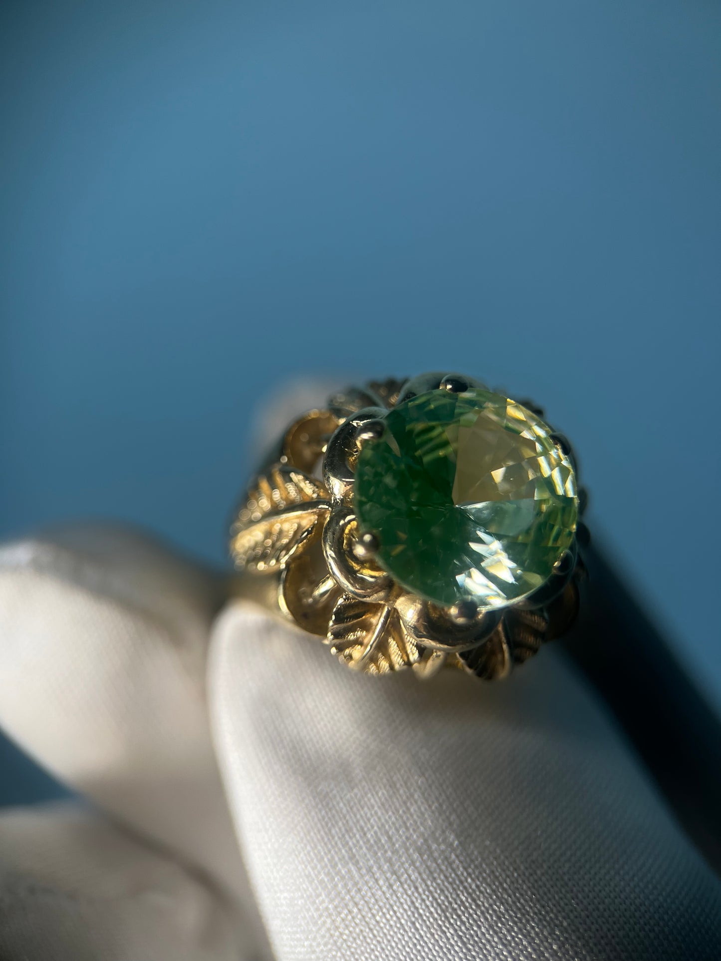 1930’s Leafy Natural Prasiolite Cocktail Ring in 18k Yellow Gold
